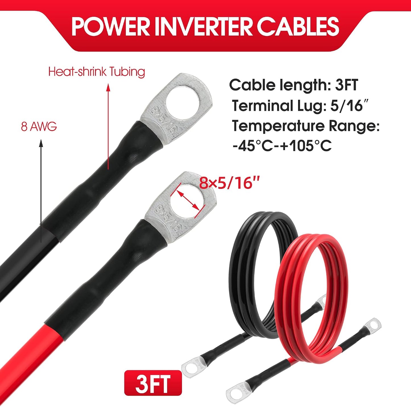8 AWG Battery Cable 8 Gauge Power Inverter Cables with 5/16 Inch Lugs Both Ends for Solar Boat Marine RV Car 2 Pack (3FT)