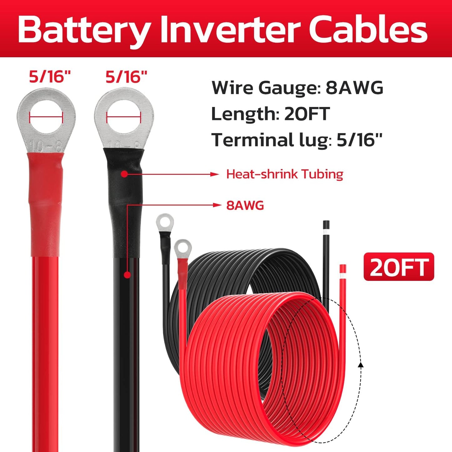 8 AWG Battery Cables 8 Gauge Solar Panel Wire Tinned Copper Extension Cable with 5/16'' Lugs for RV Solar Panel Car Automotive (8AWG 20FT)