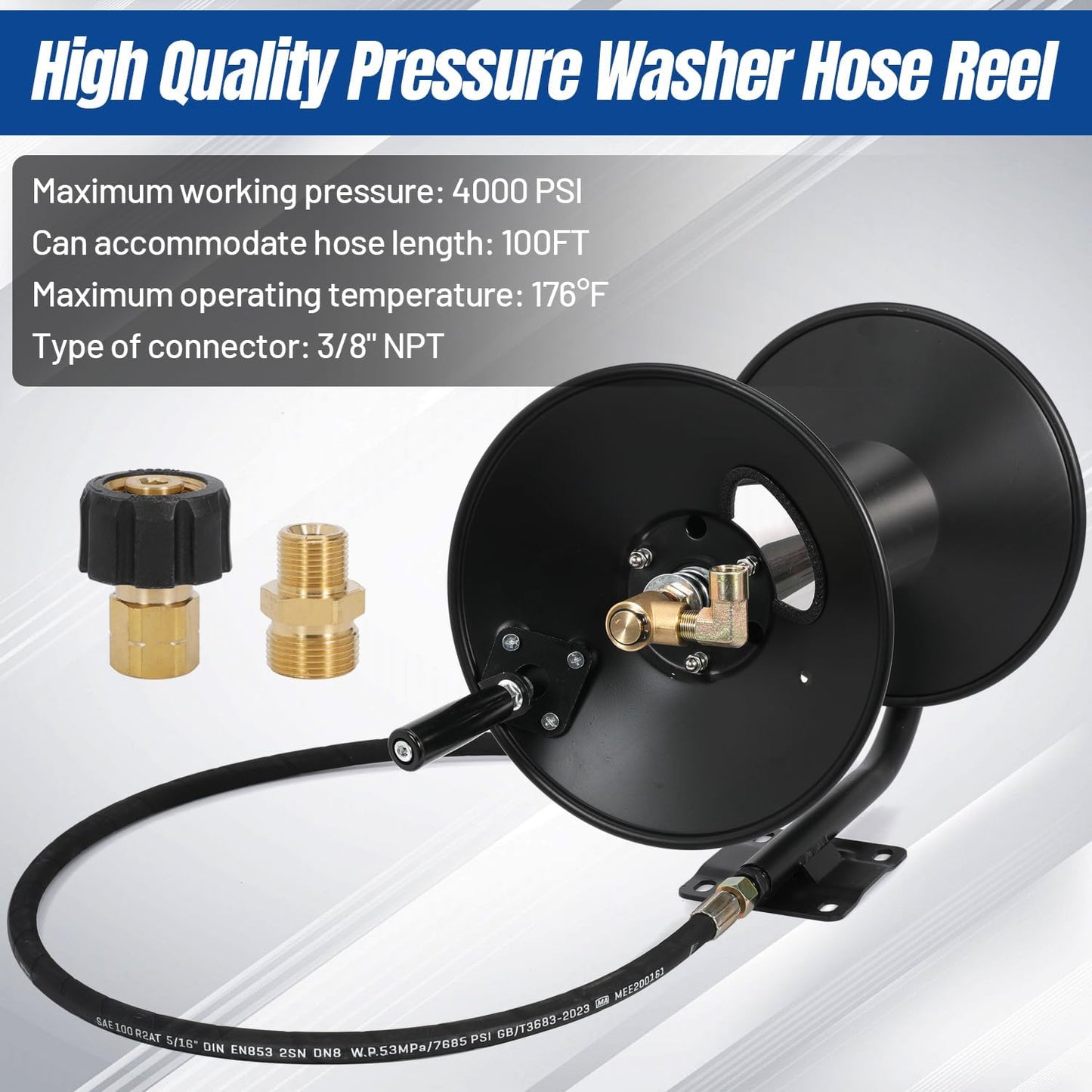 Pressure Washer Hose Reel Power Washer Hose Reel 3/8" NPT Outlet Pipe Heavy Duty Steel High Pressure Washer Reel 4000 PSI with Hand Crank Swivel Arm for Power Washer, 150FT