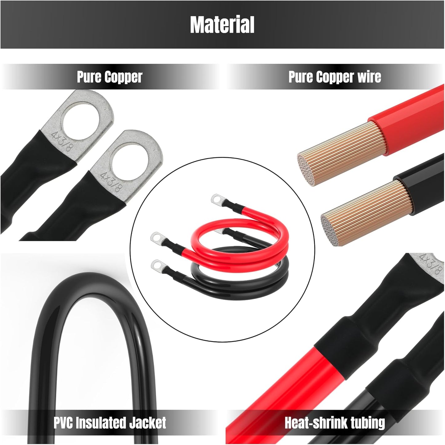 18in 4 AWG Battery Cable 4 Gauge Battery Cables 4AWG 18-Inch Battery Inverter Wires Cables with 3/8 inch Lugs for Solar Power Inverters, RVs, Campers, Travel Trailers, Cars, 2 Pairs