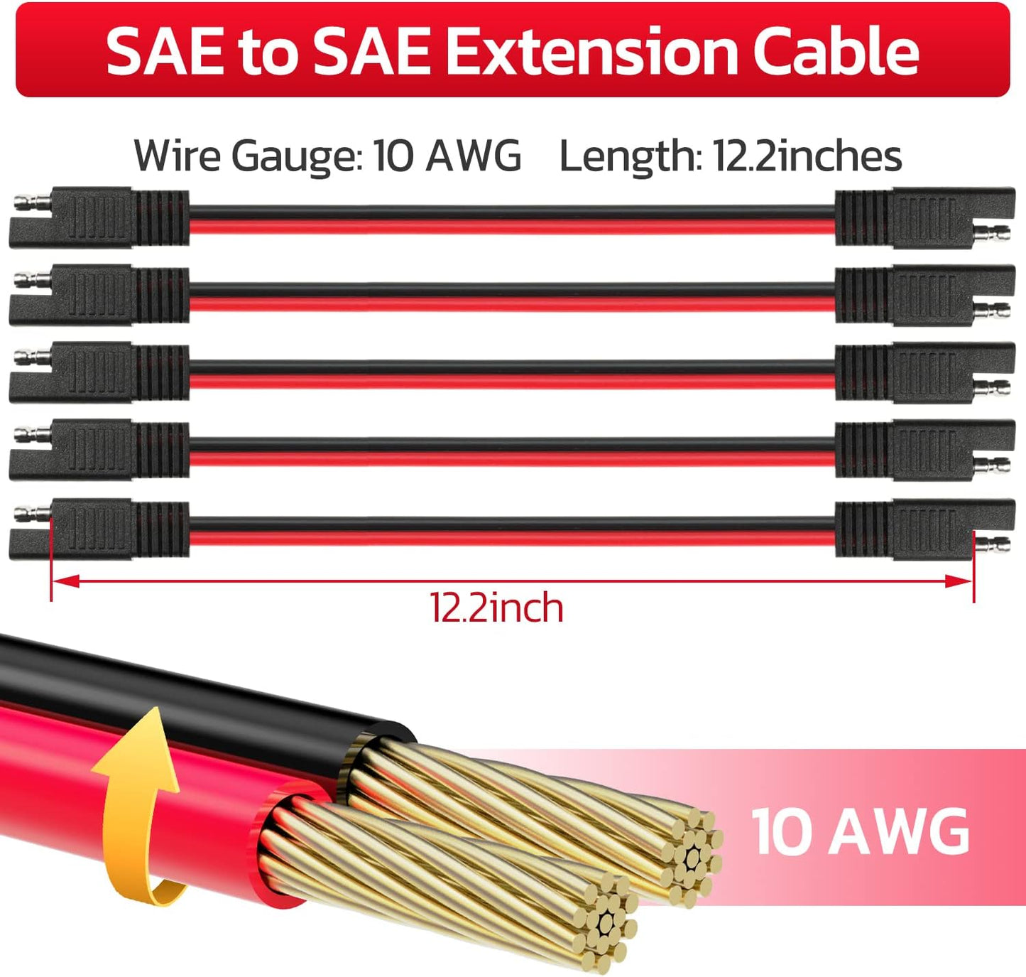 10 AWG SAE to SAE Extension Cable 10 Gauge 2-Pin SAE Connector Extension Cord with Dual Head Plug for Solar Panel Automotive Car Motorcycle 12in