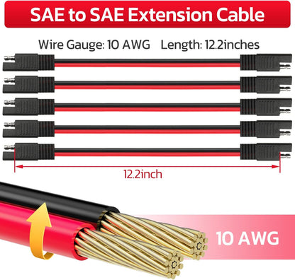 10 AWG SAE to SAE Extension Cable 10 Gauge 2-Pin SAE Connector Extension Cord with Dual Head Plug for Solar Panel Automotive Car Motorcycle 12in