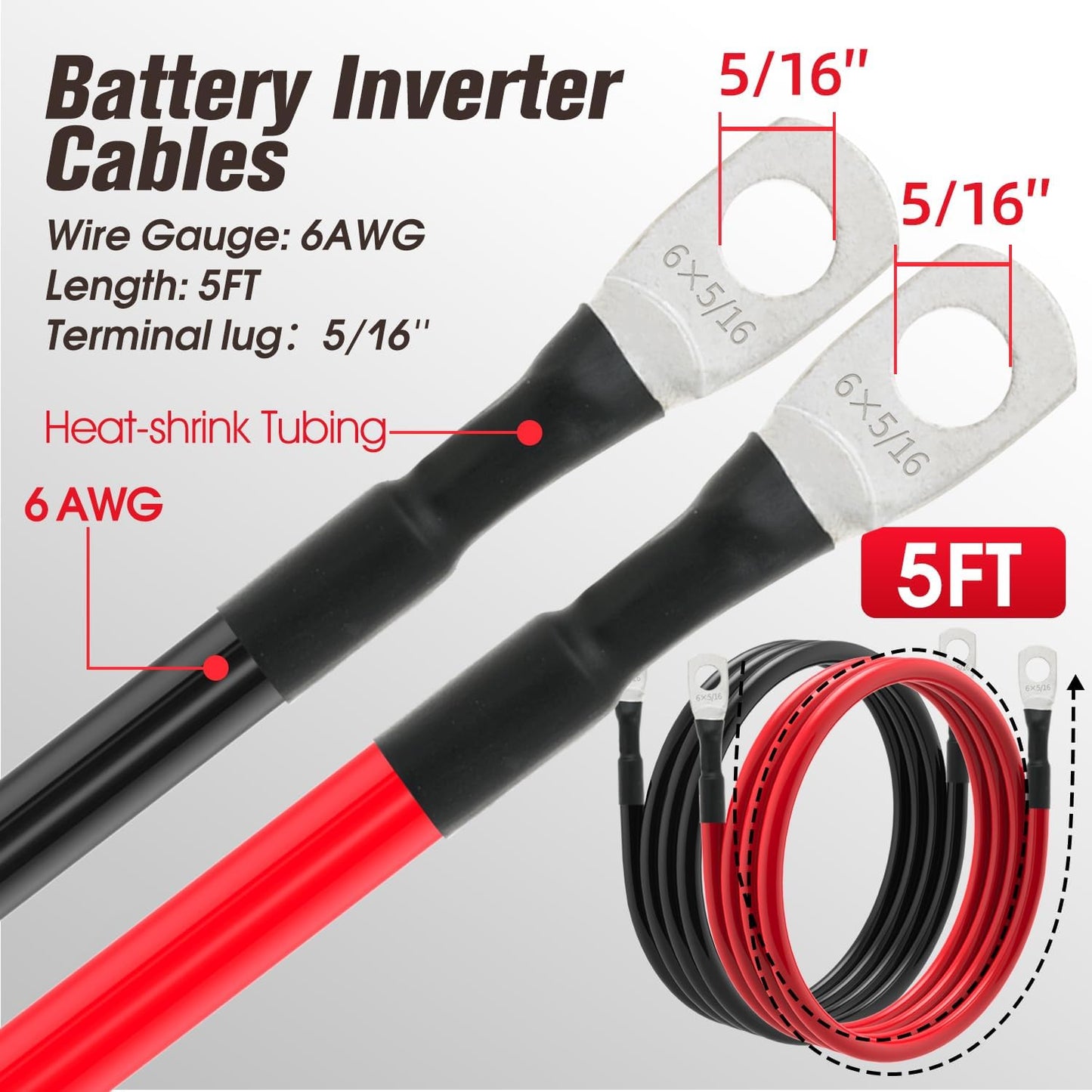6 AWG Battery Cable 6AWG Gauge Battery Inverter Cables for Automotive Solar Marine Boat RV Car Motorcycle (6 AWG, 5FT, 5/16")