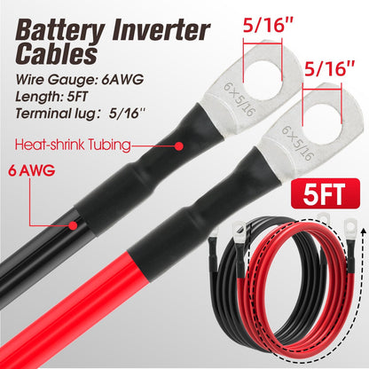 6 AWG Battery Cable 6AWG Gauge Battery Inverter Cables for Automotive Solar Marine Boat RV Car Motorcycle (6 AWG, 5FT, 5/16")