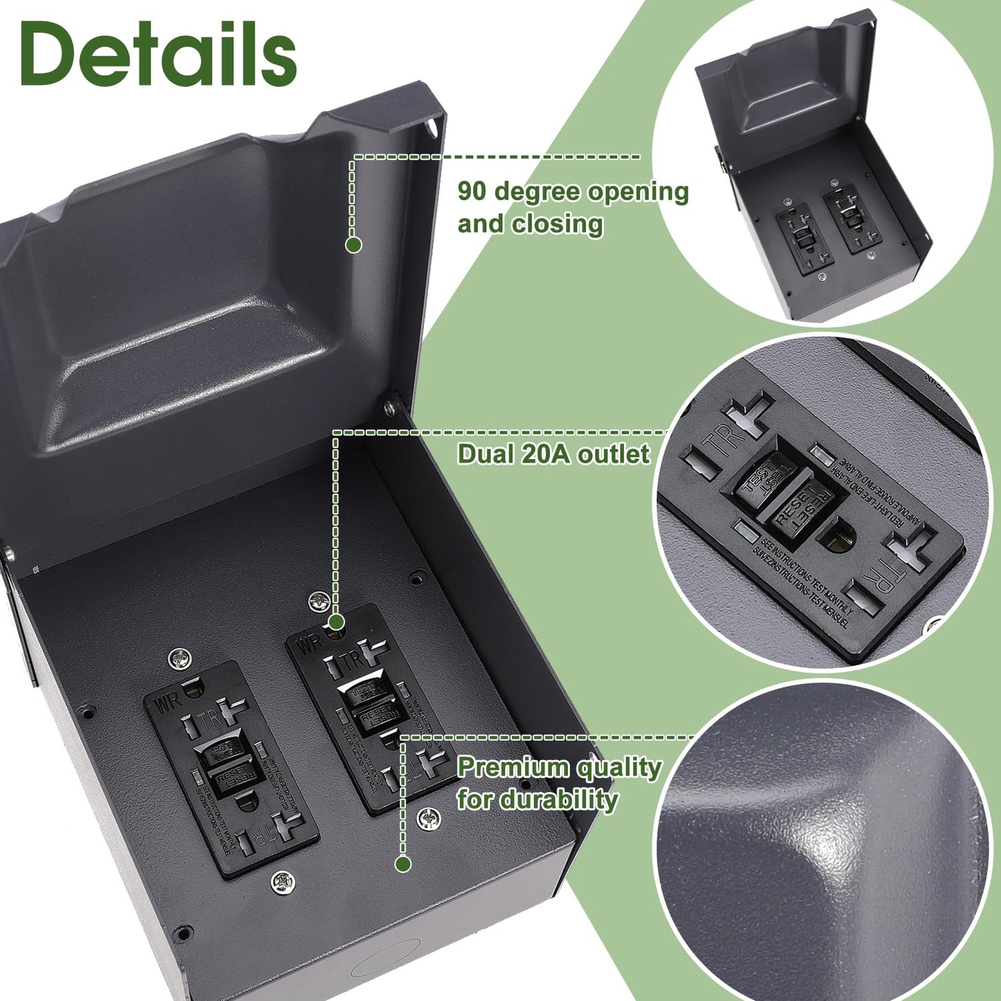 Outdoor Electrical Outlet Box with Dual 20 Amp Receptacle, 2 Gang 20A GFCI Double Outlets Breaker Box Panel for Outdoor Use