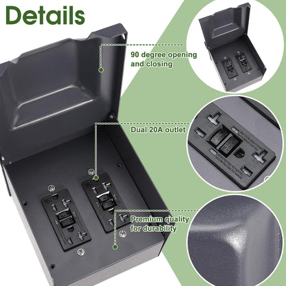 Outdoor Electrical Outlet Box with Dual 20 Amp Receptacle, 2 Gang 20A GFCI Double Outlets Breaker Box Panel for Outdoor Use
