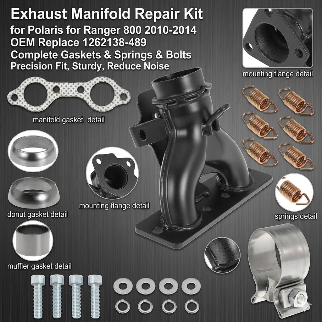 1262138-489 Exhaust Manifold with Exhaust Pipe Donut Gasket Seal Spring Kit for Polaris for Ranger 800 for Polaris for Ranger for Crew HD XP 800 2010 2011 2012 2013 2014