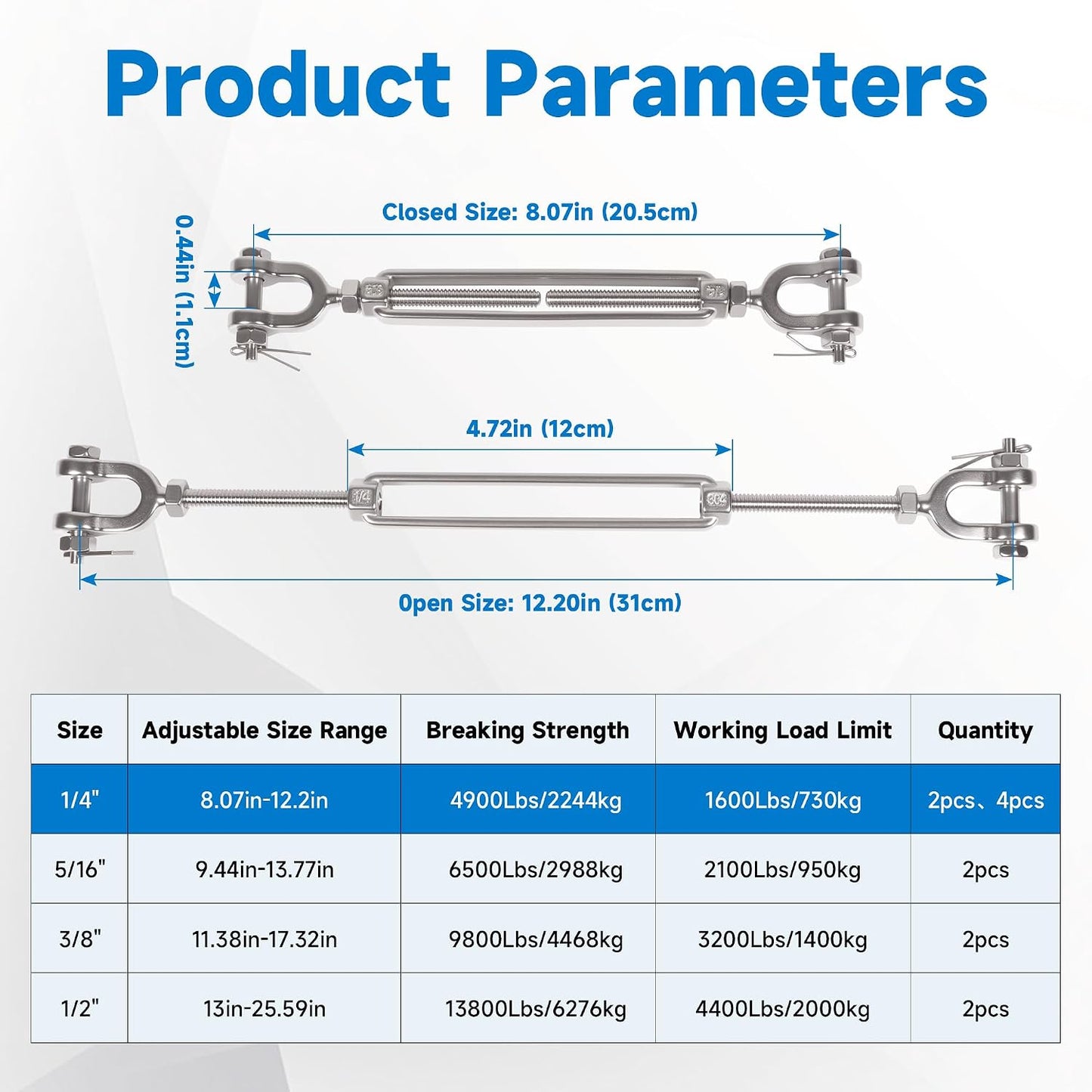 1/4" 304 Stainless Steel Jaw and Jaw Turnbuckle, Adjustable Small Turnbuckle Tensioner, Cable Tensioner, 1140 LBS Working Load Limit, Turnbuckles for Cables Wire Clothesline Shade Sail (M6-1/4-4pcs)