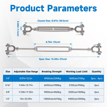 1/4" 304 Stainless Steel Jaw and Jaw Turnbuckle, Adjustable Small Turnbuckle Tensioner, Cable Tensioner, 1140 LBS Working Load Limit, Turnbuckles for Cables Wire Clothesline Shade Sail (M6-1/4-4pcs)