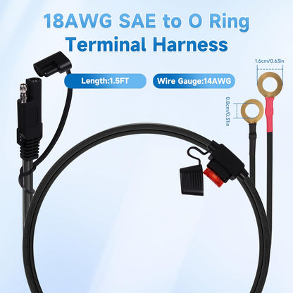 1.5FT 18AWG SAE Extension Cable, SAE Battery Charger Cord 18 AWG, 2 Pin Quick Disconnect SAE to O Ring Terminal Harness Extension Cord for Solar Batteries Cars Motorcycles, 6pcs