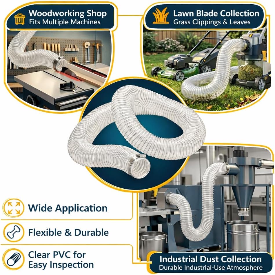 2-1/2" x 10' Heavy Duty Dust Collection Hose, Thickened Clear PVC Flexible Hose with Steel Wire Reinforced, Puncture Resistant for Woodworking Dust Collector System