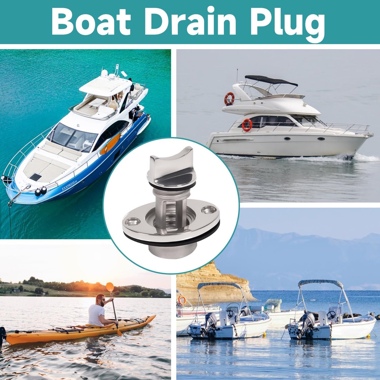 Stainless Steel Boat Drain Plug Oval Garboard Transom Marine Plugs Fit for 1" Hole,Thread for 3/4", with Screws and Waterproof O-Ring