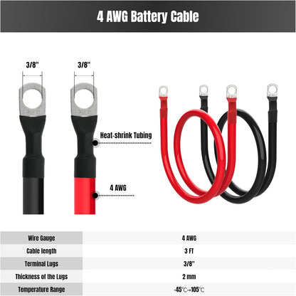 3FT 4 AWG Battery Cable 4 Gauge Battery Cables 4AWG 3 FT Battery Inverter Wires Cables with 3/8 inch Lugs for Solar Power Inverters, RVs, Campers, Travel Trailers, Cars, 2 Pairs