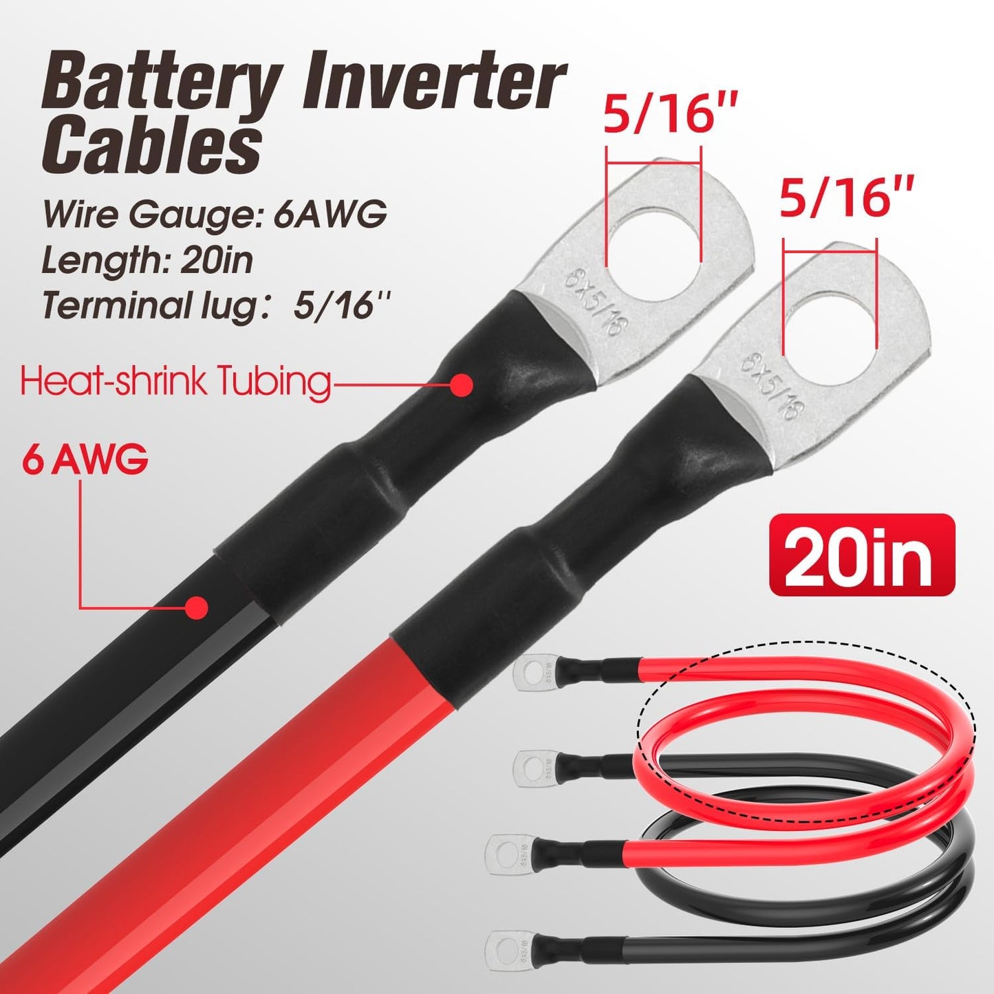 6 AWG Battery Cable 6AWG Gauge Battery Inverter Cables for Automotive Solar Marine Boat RV Car Motorcycle (6 AWG, 20in, 5/16")