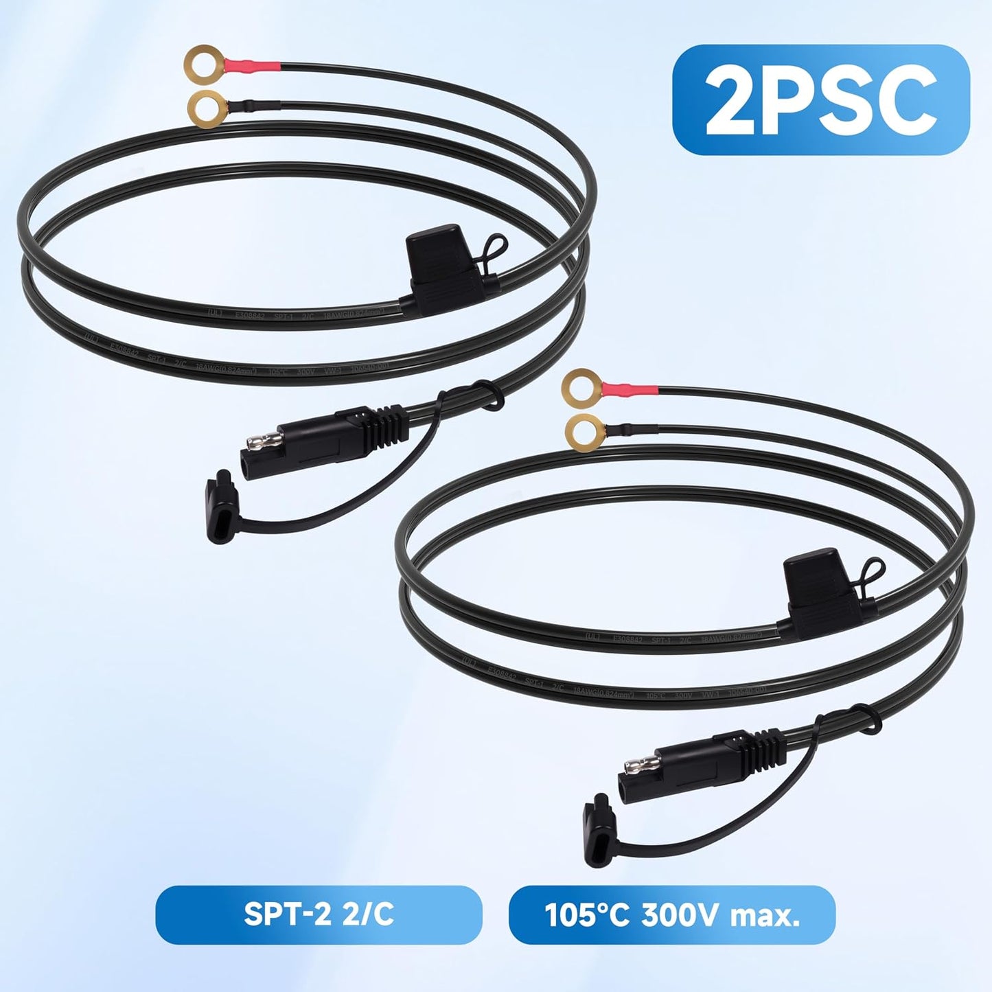 2FT 18AWG SAE Extension Cable, SAE Battery Charger Cord 18 AWG, 2 Pin Quick Disconnect SAE to O Ring Terminal Harness Extension Cord for Solar Batteries Cars Motorcycles, 2pcs