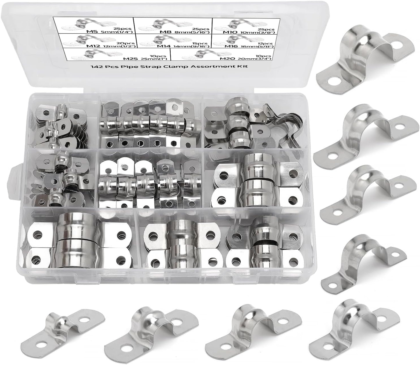25PCS M10 304 Stainless Steel Rigid Pipe Strap Two Hole Cable Strap u Bracket Pipe Clamps Heavy Duty Pipe Fasten Holder for Tube, Pipe or Wire Cord Installation (25, 10MM（3/8 "）)