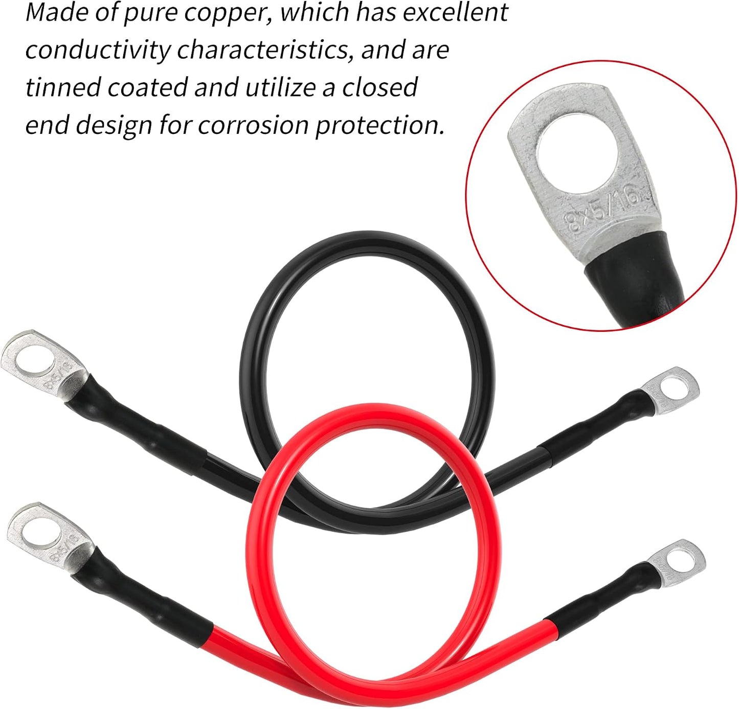 8 AWG Battery Cable 8 Gauge Power Inverter Cables with 5/16 Inch Lugs Both Ends for Solar Boat Marine RV Car 2 Pack (2FT)