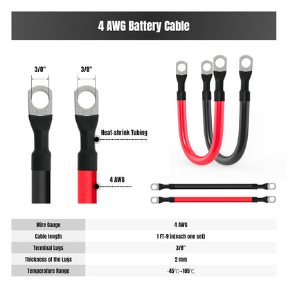 4 AWG Battery Cable 4 Gauge Battery Cables 4AWG Battery Power Inverter Wires Cables with 3/8 inch Lugs for Solar Systems, RVs, Campers, Travel Trailers, Cars (1FT + 9in)