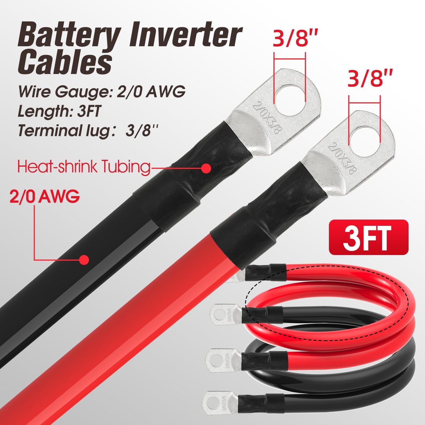 2/0 AWG Battery Cable 2/0AWG Gauge Battery Inverter Cables for Automotive Solar Marine Boat RV Car Motorcycle (2/0 AWG, 3FT, 3/8")