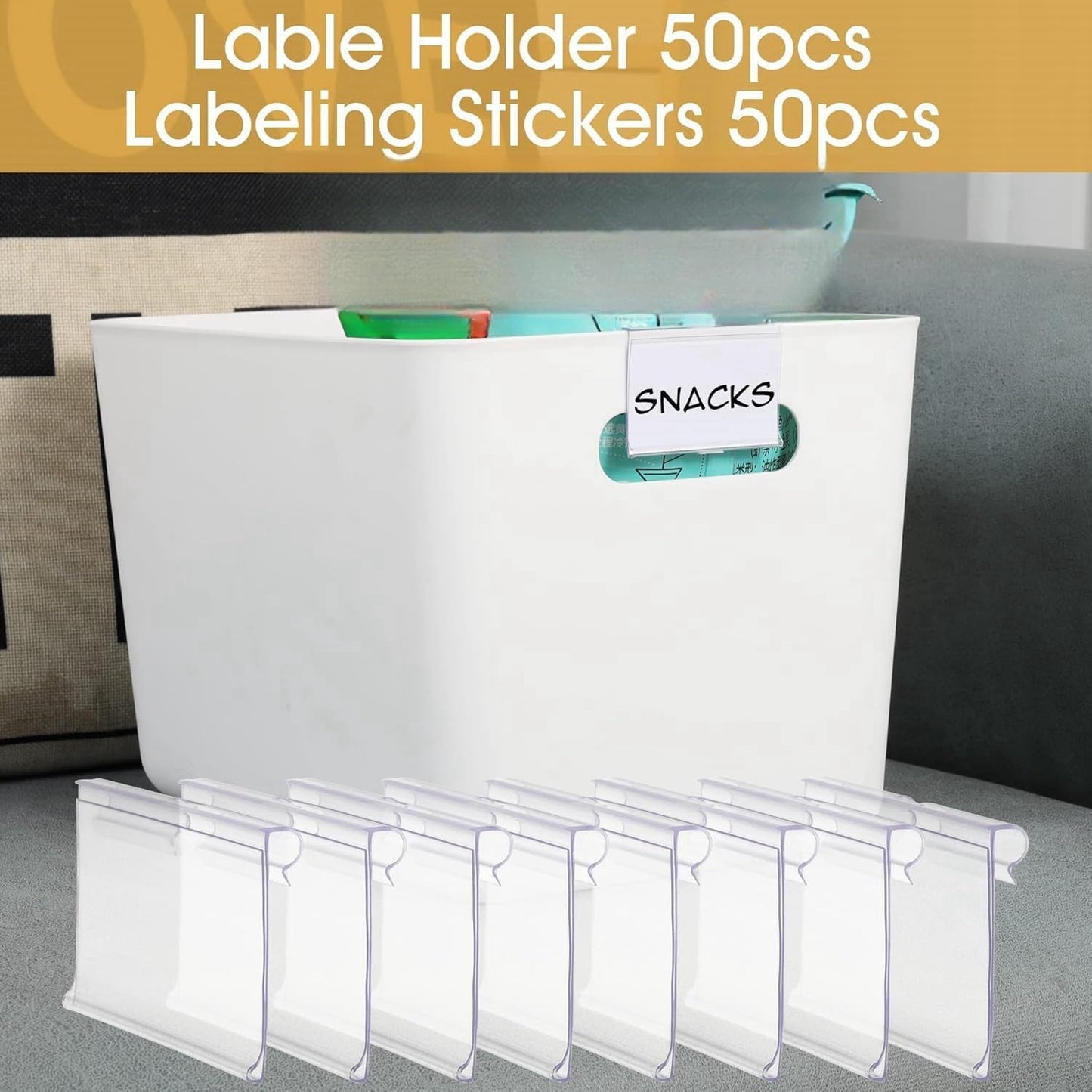 50pcs Labels for Storage Bins Plastic Label Clip, Basket Labels Clip On Wire Shelf Price Label Holder Merchandise Sign Display Holder, 50pcs Label Insert Included (2.36IN*1.57IN)
