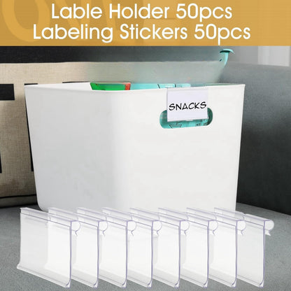 50pcs Labels for Storage Bins Plastic Label Clip, Basket Labels Clip On Wire Shelf Price Label Holder Merchandise Sign Display Holder, 50pcs Label Insert Included (2.76IN*1.57IN)