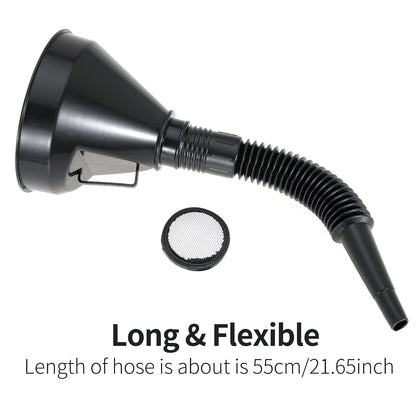 Wide Mouth Oil Funnel with Flexible Extension Nozzle Hose with Handle Mesh Screen Filter for Cars Motorcycles Engine Oil Kerosene Gasoline Gas Fuel Diesel Water Fluid Coolant Liquid Black 1PC (1)