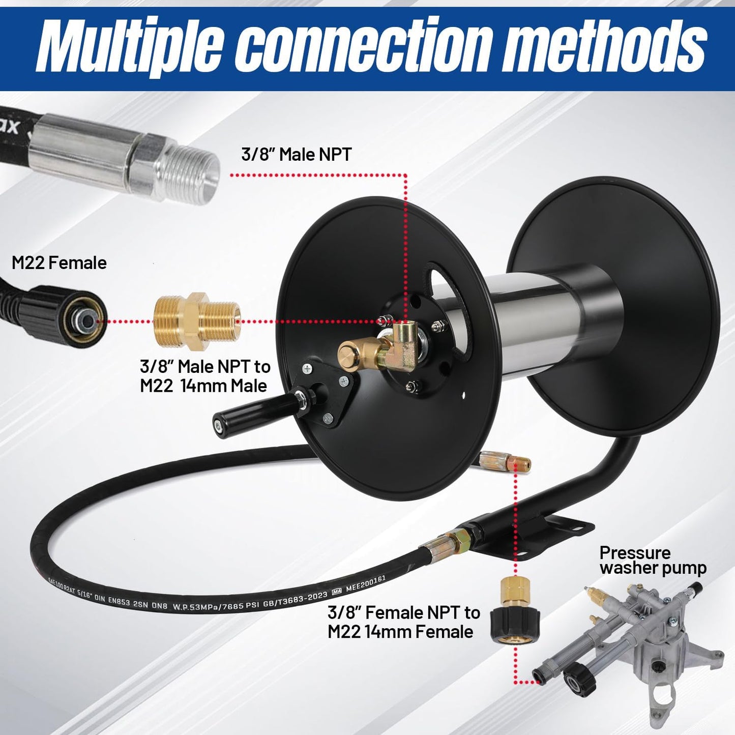 Pressure Washer Hose Reel Power Washer Hose Reel 3/8" NPT Outlet Pipe Heavy Duty Steel High Pressure Washer Reel 4000 PSI with Hand Crank Swivel Arm for Power Washer, 150FT