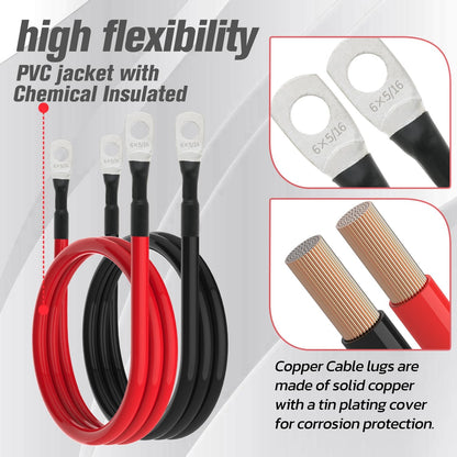 6 AWG Battery Cable 6AWG Gauge Battery Inverter Cables for Automotive Solar Marine Boat RV Car Motorcycle (6 AWG, 3FT, 5/16")