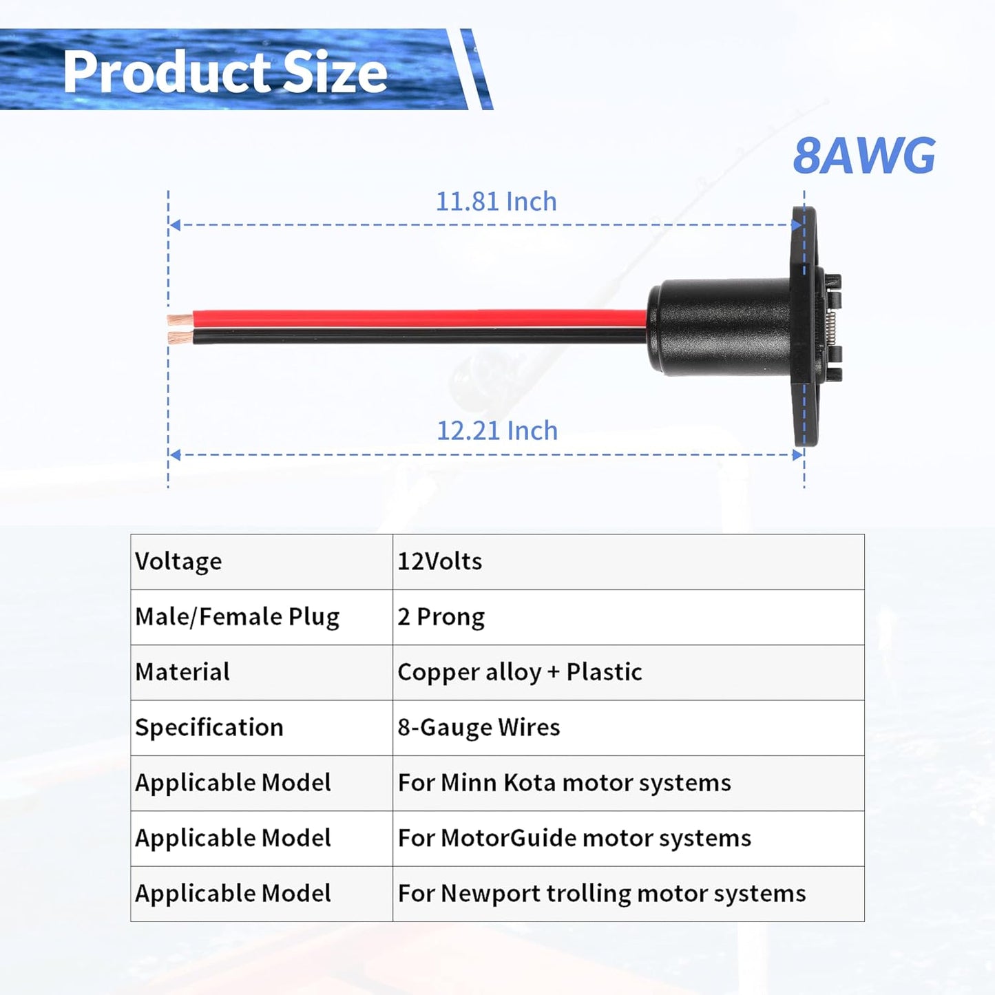 Trolling Motor Plug 8 Gauge 2 Wire 12V-24V Compatible with Minn Kota Marine Boat Waterproof Trolling Motor Connector (Plug-MA08)