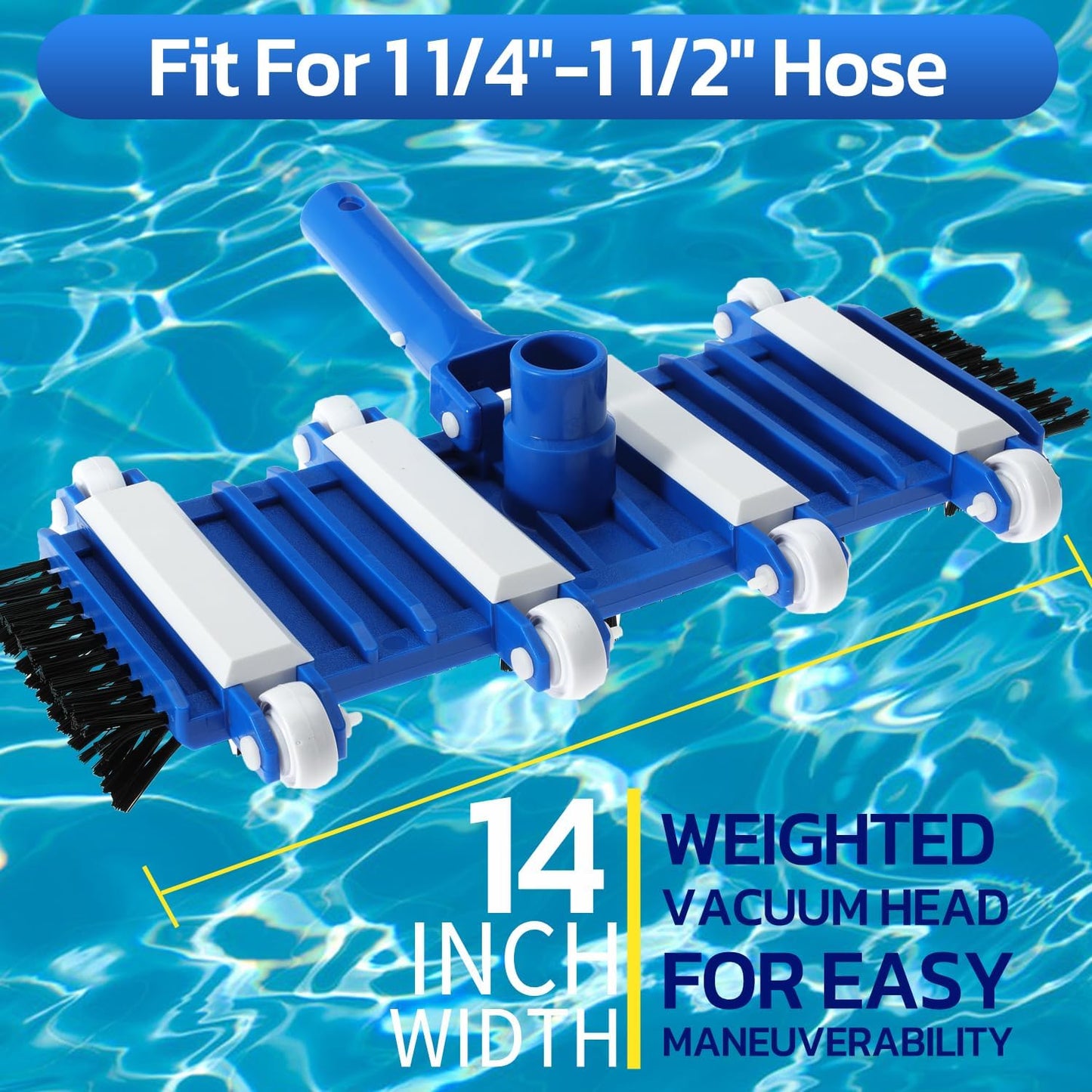 14" Heavy Duty Pool Vacuum Head with Brushes Weighted Flexible Vacuum Head with Aluminum Handle Connector for 1-1/4" or 1-1/2" Hose