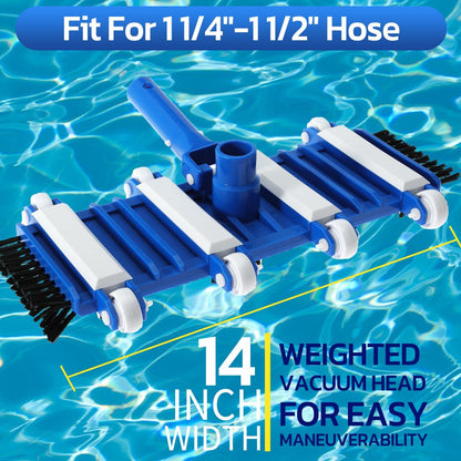 14" Heavy Duty Pool Vacuum Head with Brushes Weighted Flexible Vacuum Head with Aluminum Handle Connector for 1-1/4" or 1-1/2" Hose