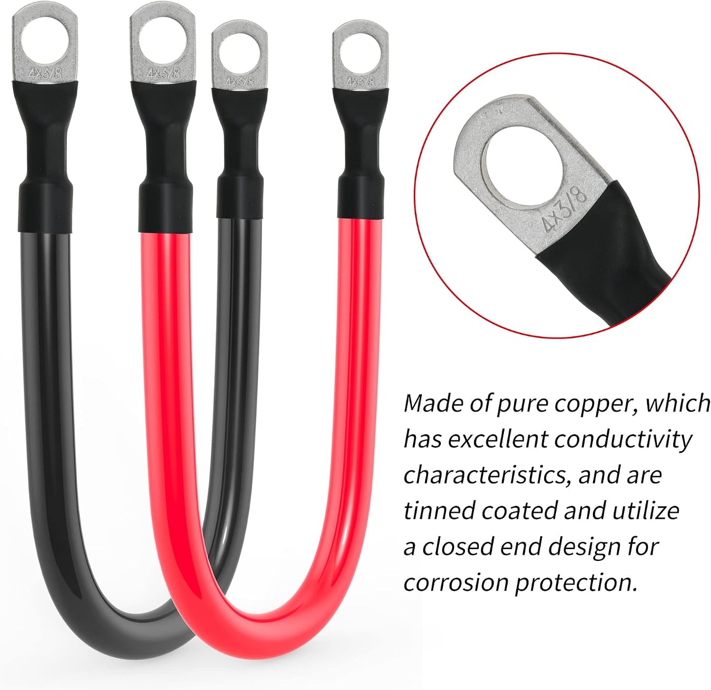 4 AWG Battery Cable 4AWG Gauge Pure Copper Battery Inverter Cables with 3/8 in Lugs Both Ends Power Inverter Wire Set for Automotive Solar Marine Boat RV Car Motorcycle Red and Black (1ft)