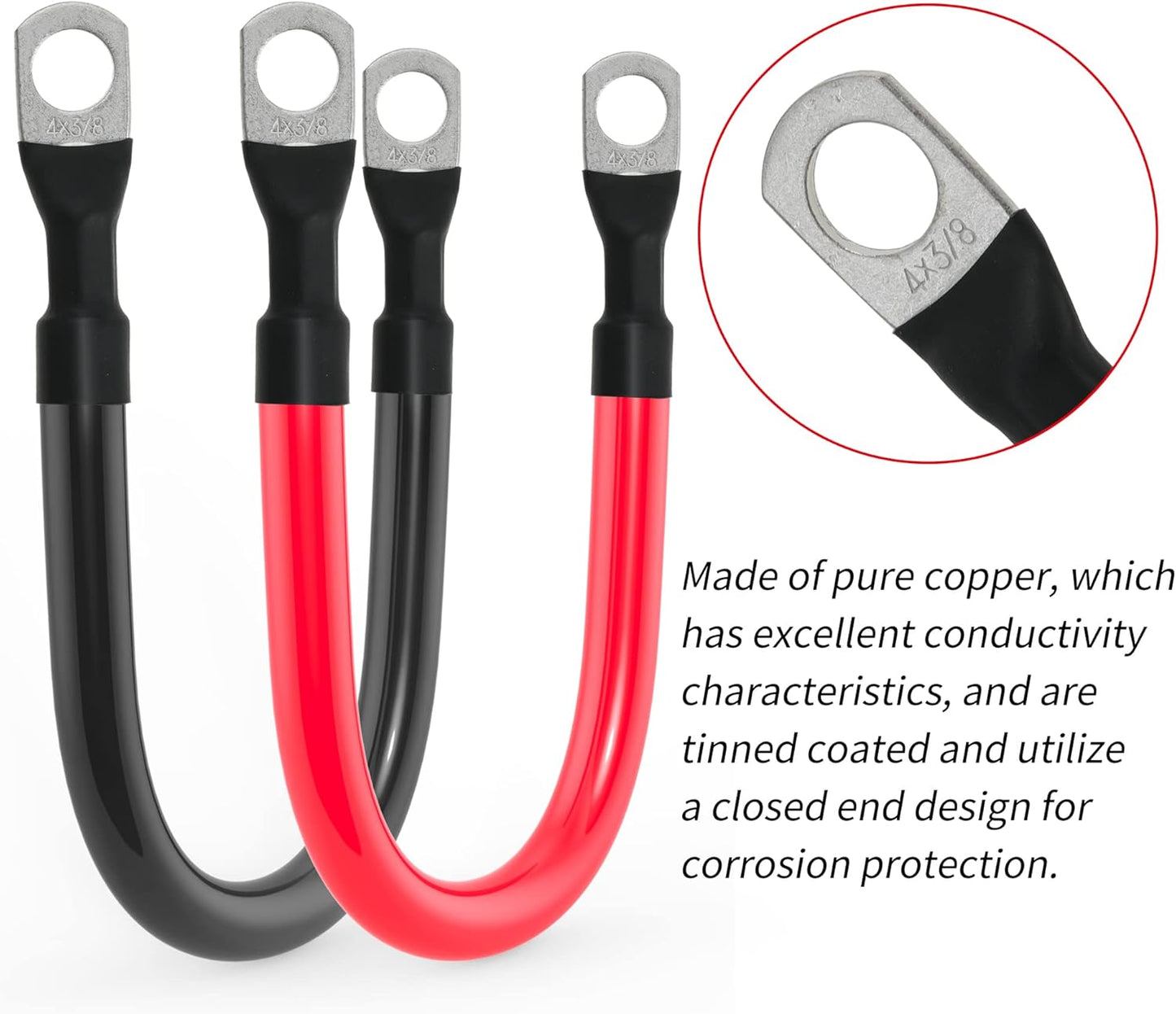 4 AWG Battery Cable 4AWG Gauge Pure Copper Battery Inverter Cables with 3/8 in Lugs Both Ends Power Inverter Wire Set for Automotive Solar Marine Boat RV Car Motorcycle Red and Black (9in)