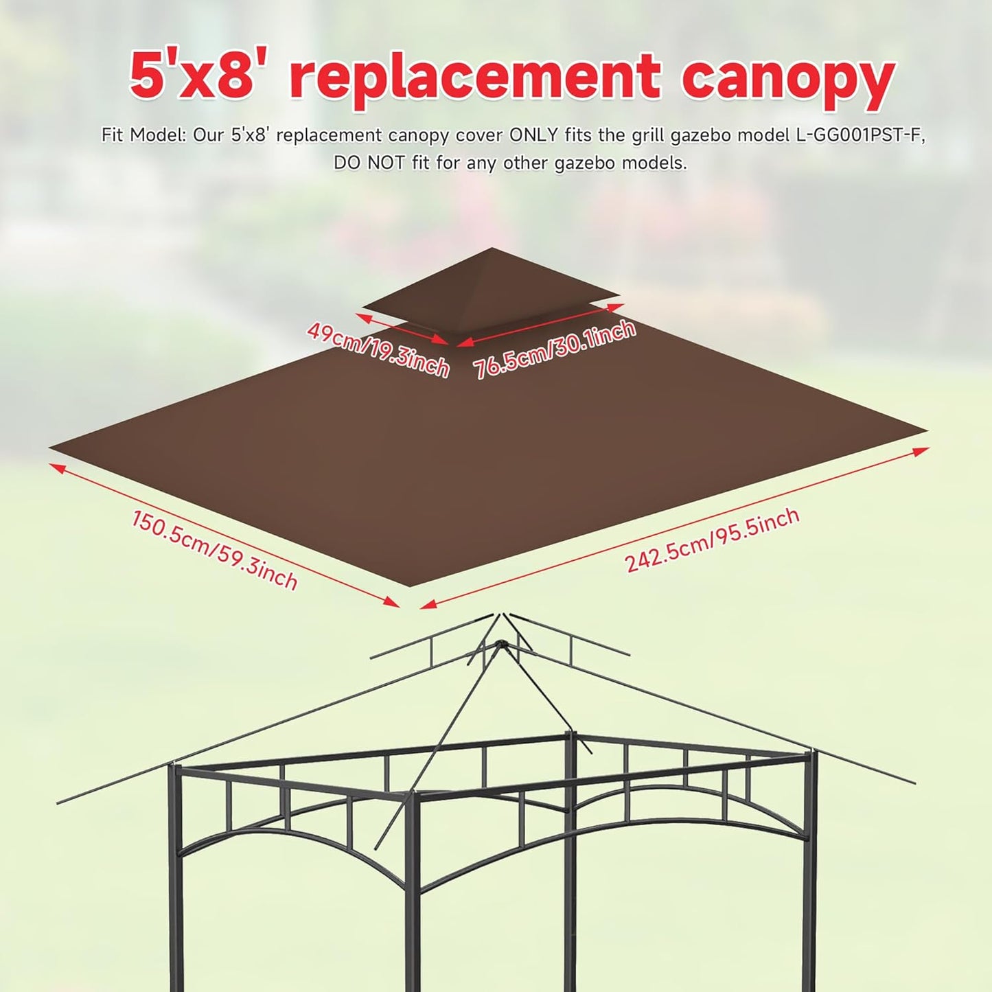 Grill Gazebo Replacement Canopy Top Only - 5' x 8' Outdoor BBQ Gazebo Canopy Roof, Waterproof Double Tiered Shelter Cover Fit for L-GG001PST-F