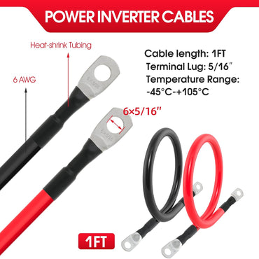6 AWG Battery Cables 6 Gauge Battery Power Inverter Cable with 5/16 Inch Tinned Copper Lugs Both Ends for Solar Marine Boat RV Car Motorcycle 2 pcs (1FT)