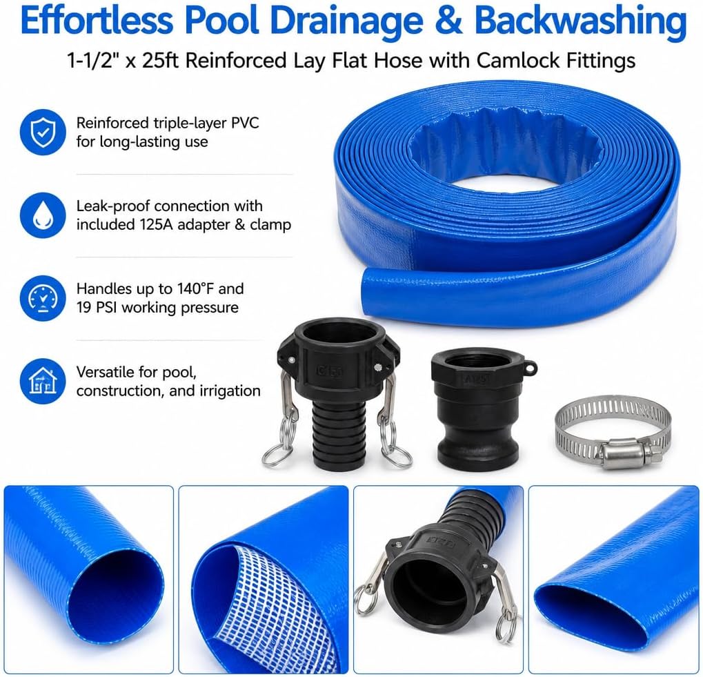 Pool Backwash Drain Hose Lay Flat Discharge Hose 1-1/2" x 25ft Reinforced Drain Pipe with Camlock Fittings for Pump Pool Drainage Includes 150F Adapter and Stainless Steel Clamp