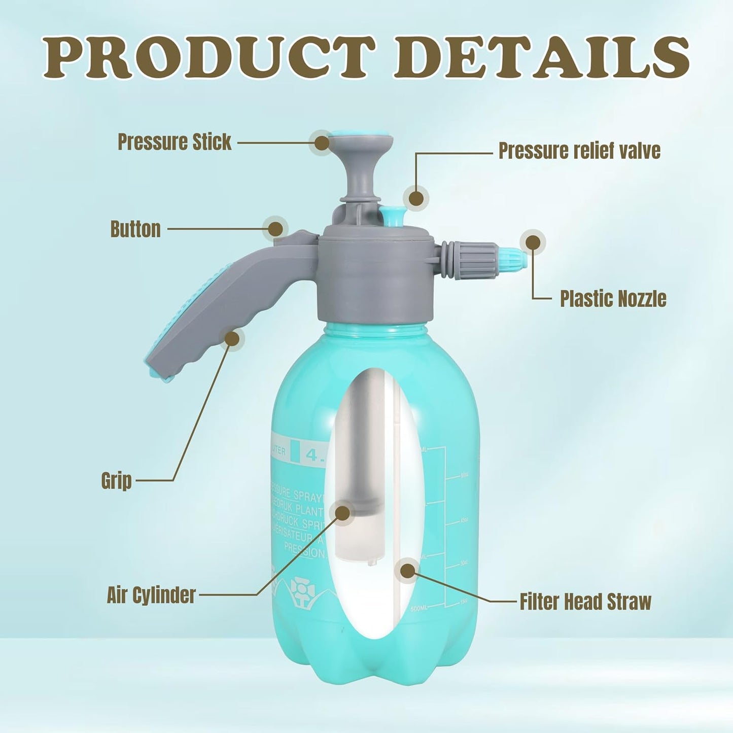 2L (0.5Gal) Handheld Manual Garden Sprayer Water Mist Spray Bottle Adjustable Brass Nozzle Safety Valve Handheld Pressure Pump for Plants, Lawn Care, Home