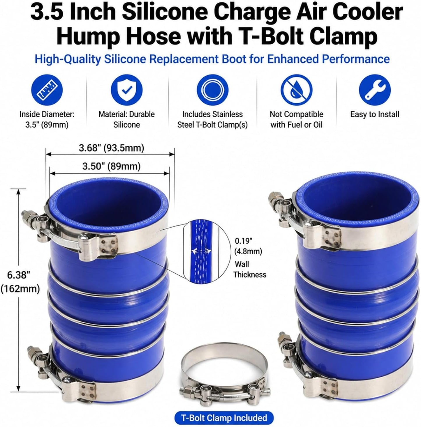 3.5 Inch Silicone Charge Air Cooler Hump Hose Boot Set 3 1/2 x 6 3/8 Inch with T Bolt Clamp Blue