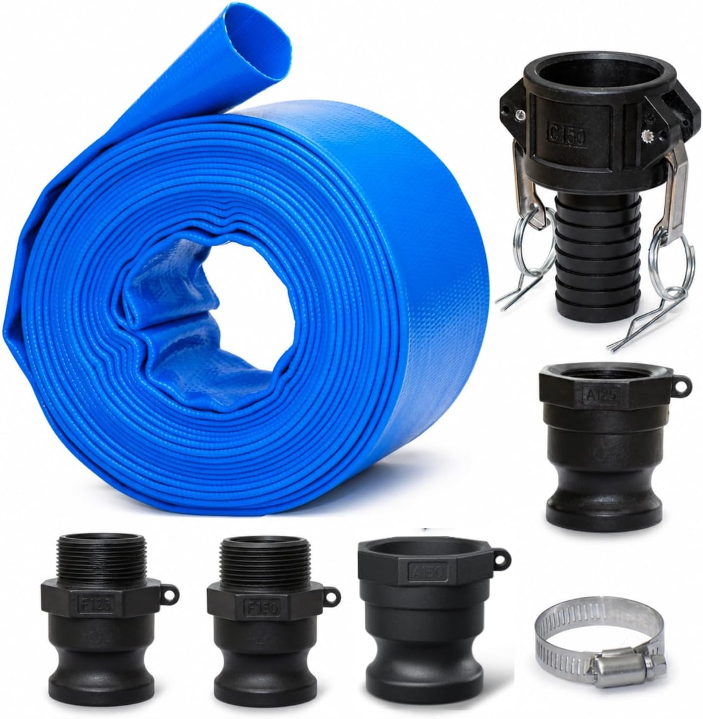 Pool Backwash Drain Hose Lay Flat Discharge Hose 1-1/2" x 25ft Reinforced Drain Pipe with Camlock Fittings for Pump Pool Drainage Includes 125F 125A 150F 150A Adapter and Clamp