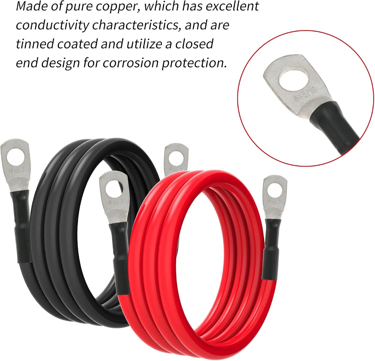 6 AWG Battery Cables 6 Gauge Battery Power Inverter Cable with 5/16 Inch Tinned Copper Lugs Both Ends for Solar Marine Boat RV Car Motorcycle 2 pcs (3FT)