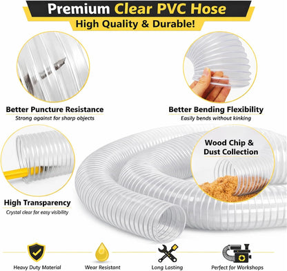 4" x 40' Heavy Duty Dust Collection Hose, Thickened Clear PVC Flexible Hose with Steel Wire Reinforced, Puncture Resistant for Woodworking Dust Collector System
