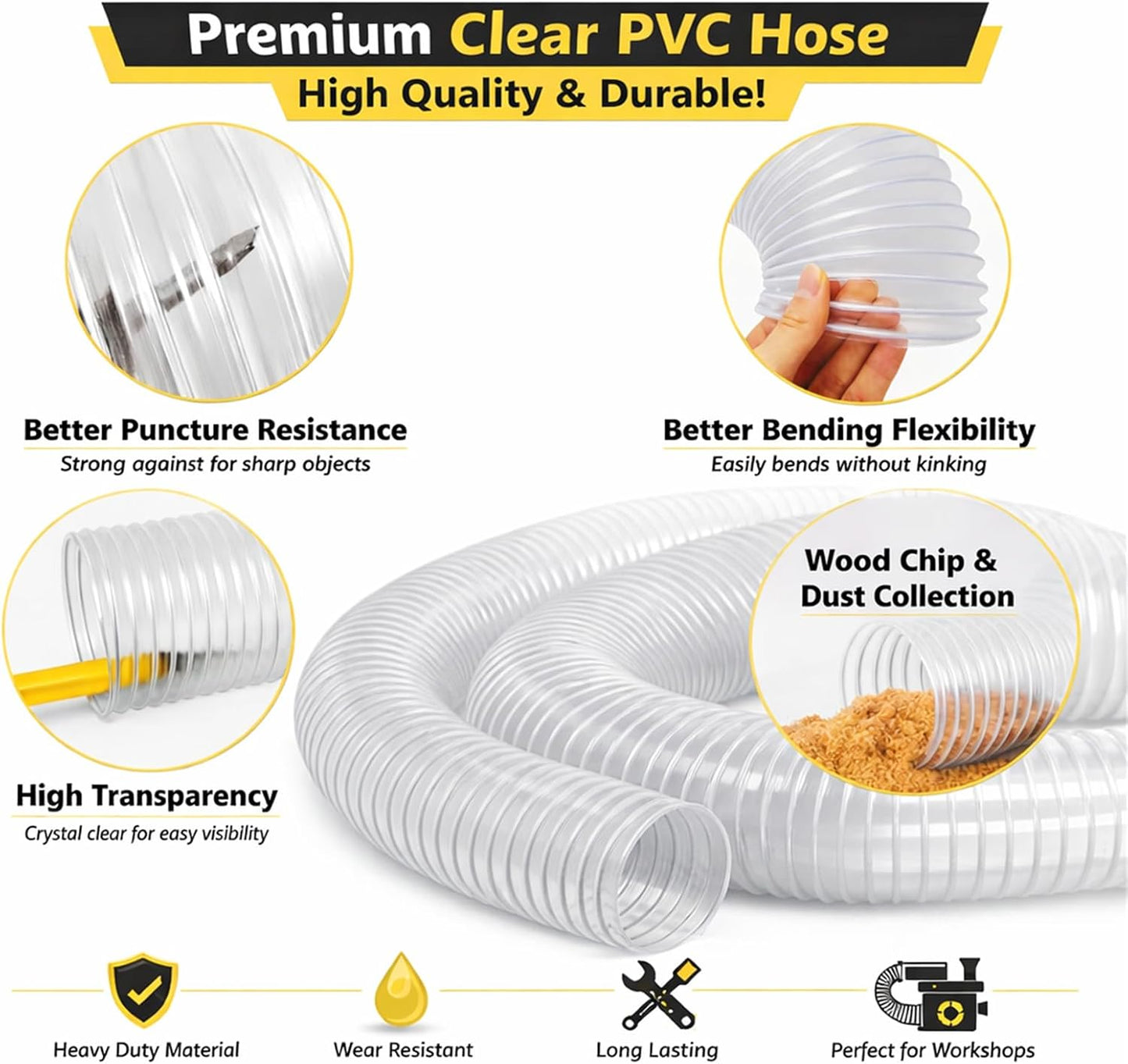 2-1/2" x 10' Heavy Duty Dust Collection Hose, Thickened Clear PVC Flexible Hose with Steel Wire Reinforced, Puncture Resistant for Woodworking Dust Collector System