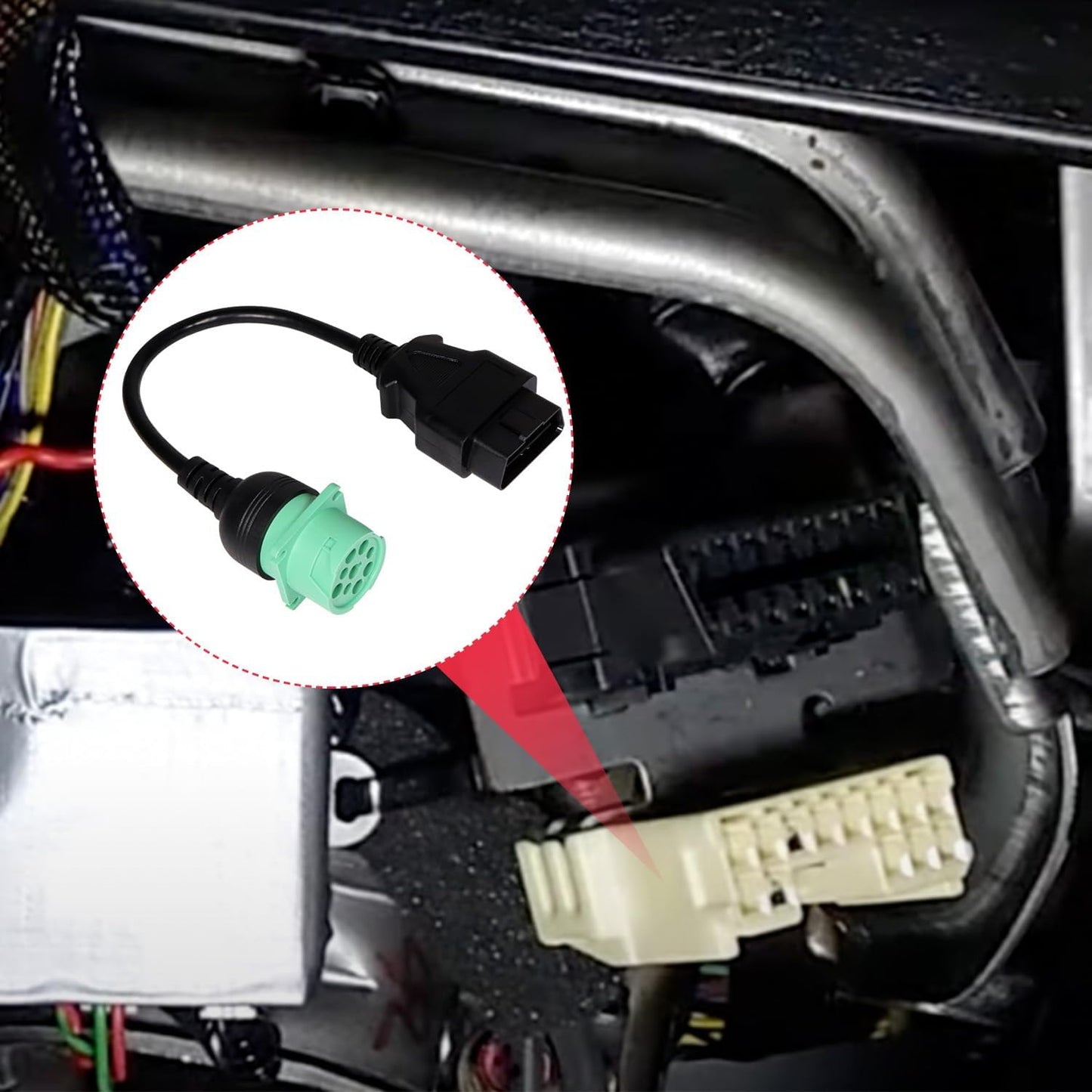 16 Pin Male to 9 Pin Female OBD2 OBDII to J1939 Green Type 2 Adapter Cable for Heavy Duty Trucks and Commercial Vehicles with OBD II Diagnostic Connector