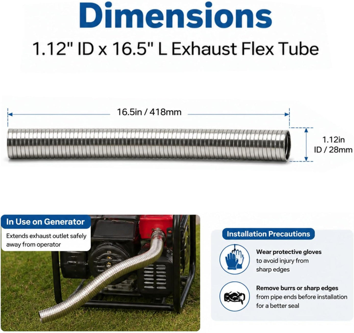 Exhaust Flex Pipe 1.5" ID x 22.5" L, 304 Stainless Steel – Flexible Exhaust Tubing