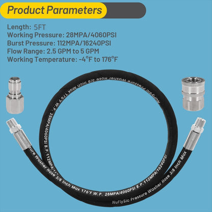 Pressure Washer Whip Hose Power Washer Jumper Hose for Pressure Washing with Steel Connector 3/8 Inch NPT Quick Connect Plug Hose Reel Connector Hose, 4000 PSI, 5FT, 1PCS