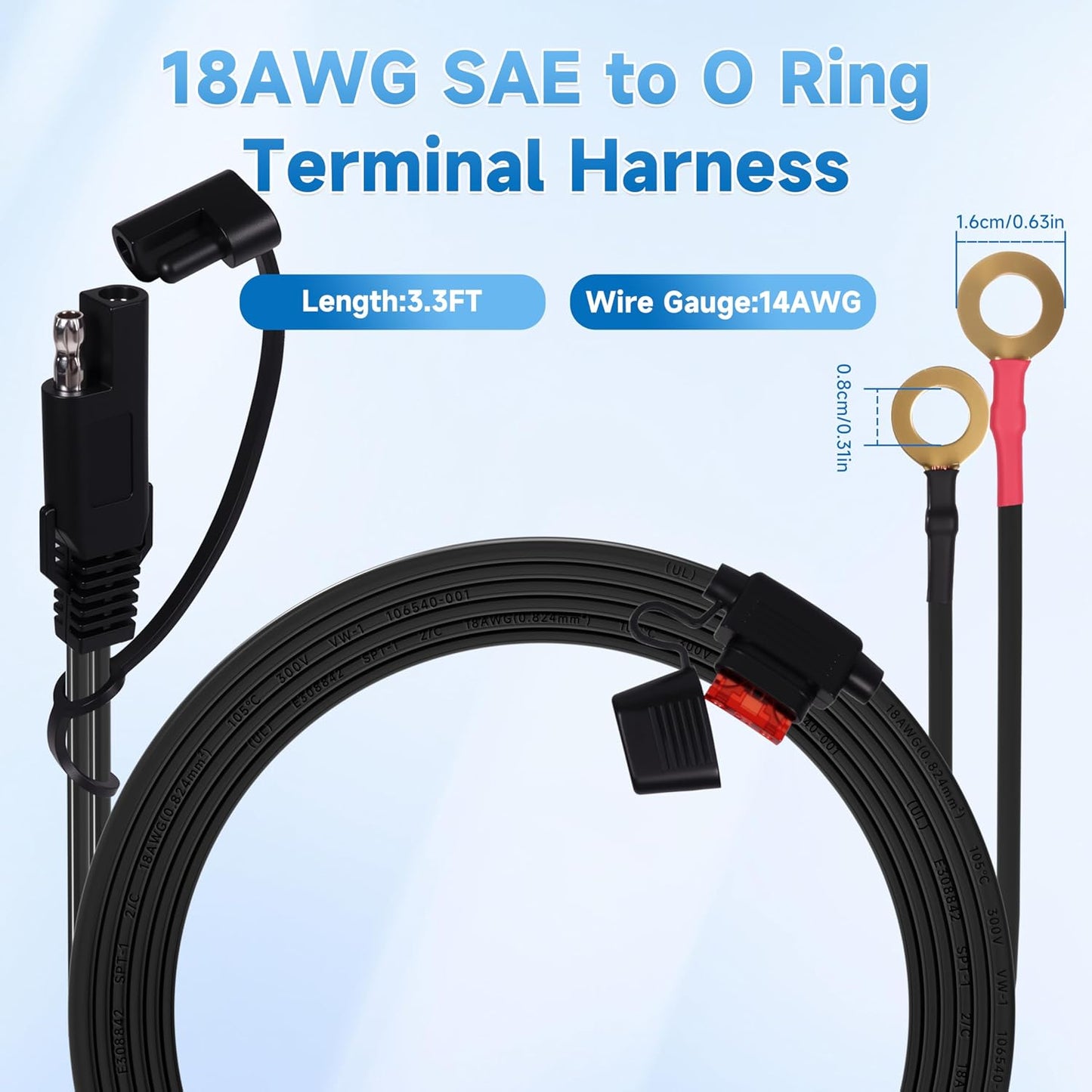 3.3FT 18AWG SAE Extension Cable, Battery Charger Cord 18 AWG, 2 Pin Quick Disconnect SAE to O Ring Terminal Harness Extension Cord for Solar Batteries Cars Motorcycles, 6pcs