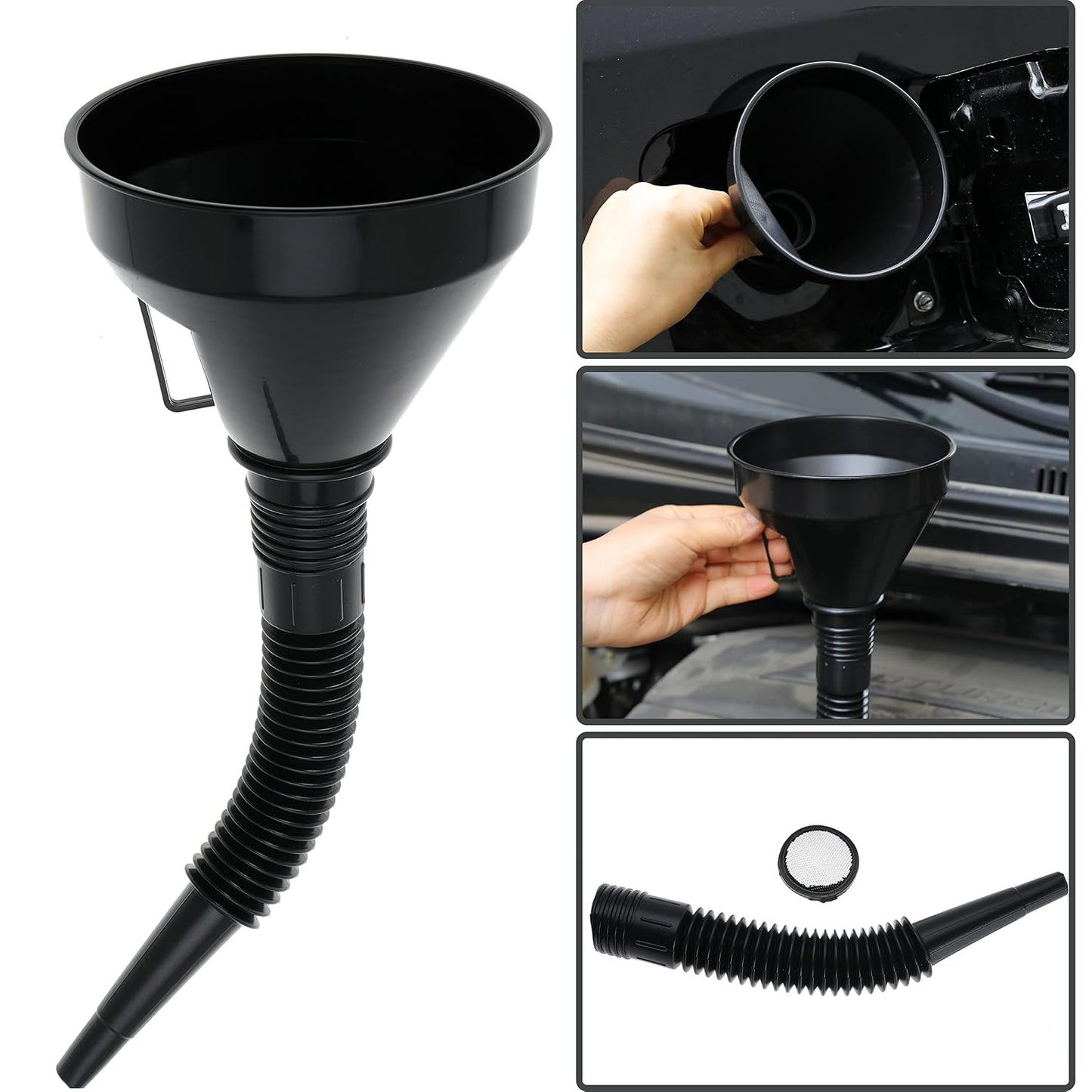 Wide Mouth Oil Funnel with Flexible Extension Nozzle Hose with Handle Mesh Screen Filter for Cars Motorcycles Engine Oil Kerosene Gasoline Gas Fuel Diesel Water Fluid Coolant Liquid