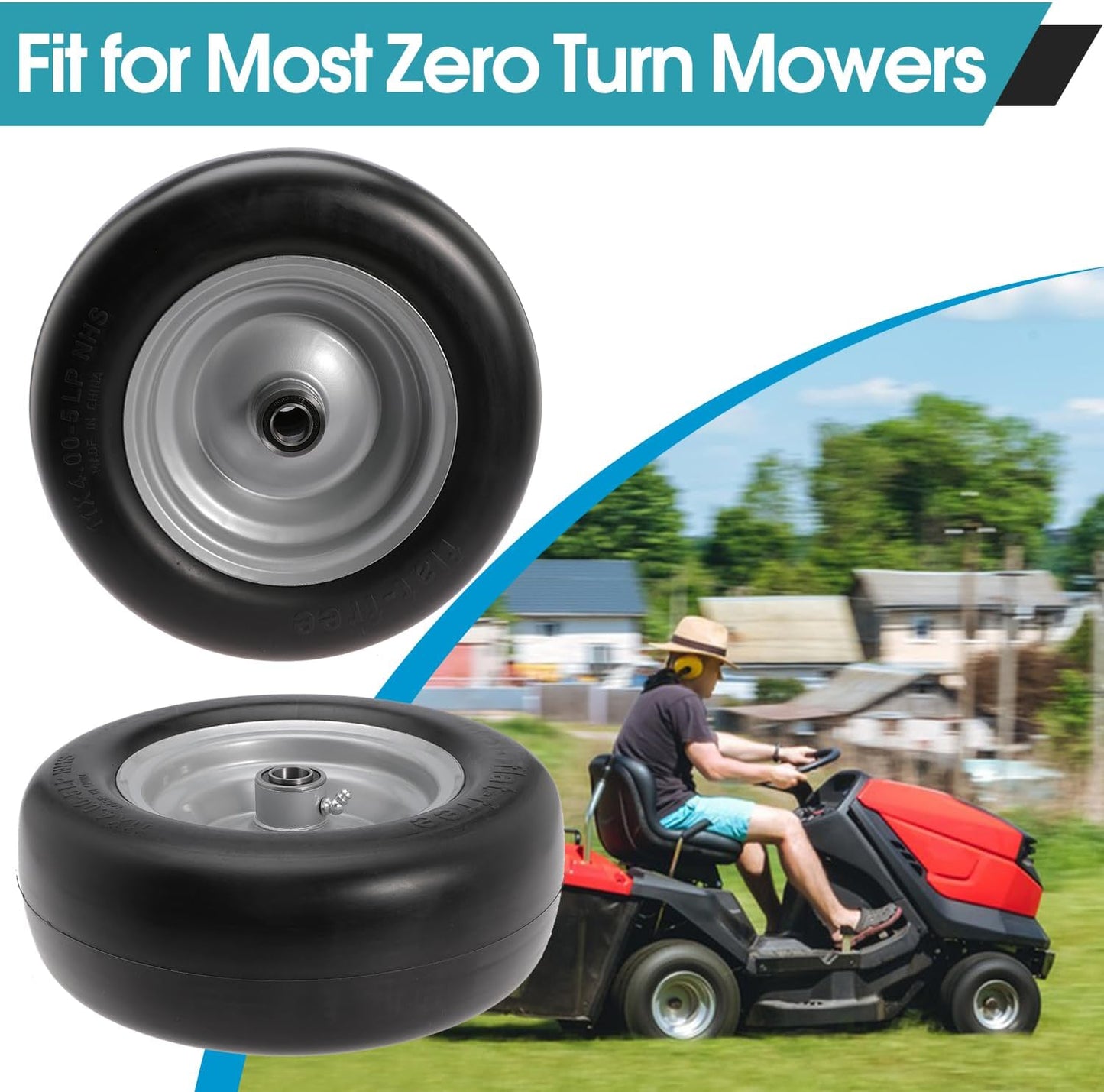 11x4.00-5" Front Wheel Flat Free Mower Tire, Solid Smooth Tire for John Deere for Craftsman for Toro Zero Turn Lawn Mower with 3.4"-5" Center Hub and 3/4" 5/8" 1/2" Precision Bearings (Silver-2pc)