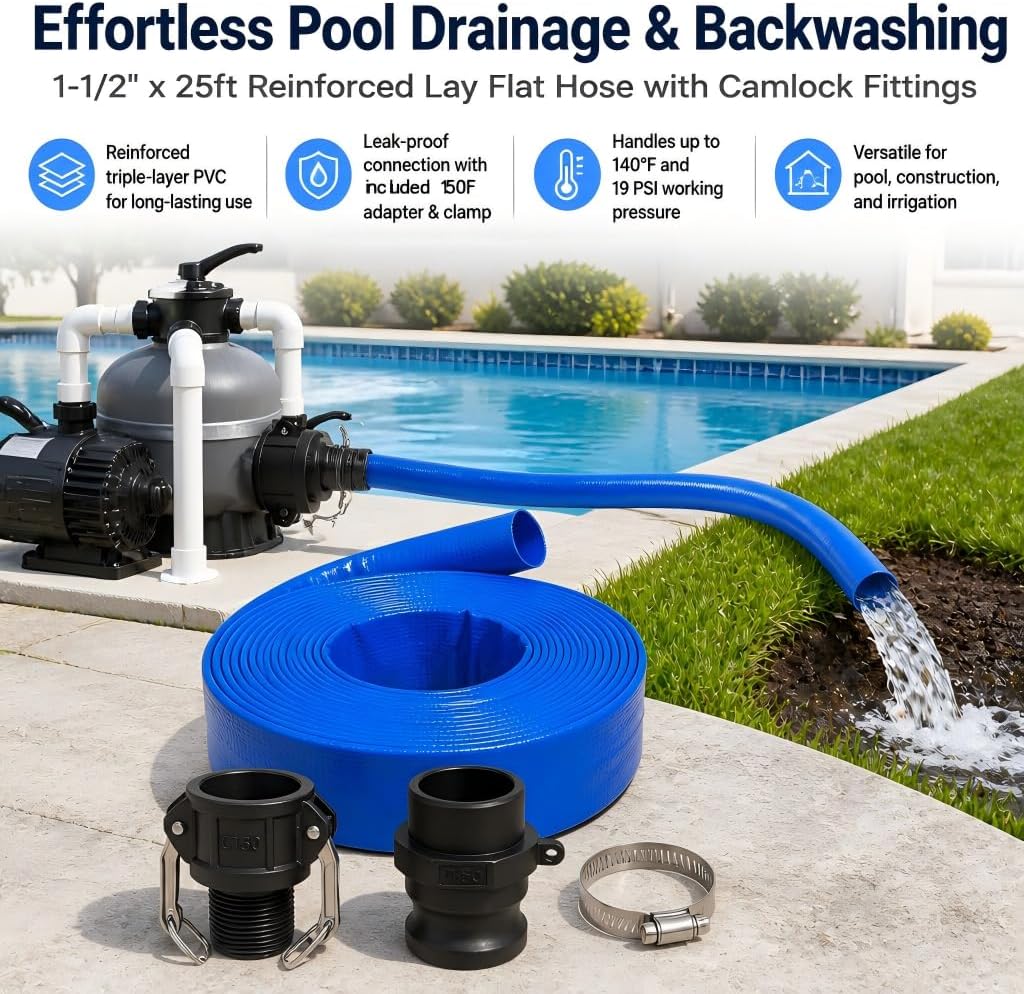 Pool Backwash Drain Hose Lay Flat Discharge Hose 1-1/2" x 25ft Reinforced Drain Pipe with Camlock Fittings for Pump Pool Drainage Includes 150F Adapter and Stainless Steel Clamp