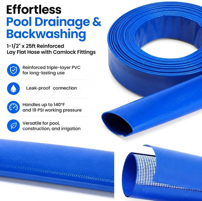 Pool Backwash Drain Hose Lay Flat Discharge Hose 1-1/2" x 25ft Reinforced Drain Pipe with Camlock Fittings for Pump Pool Drainage Includes 125F 125A 150F 150A Adapter and Clamp